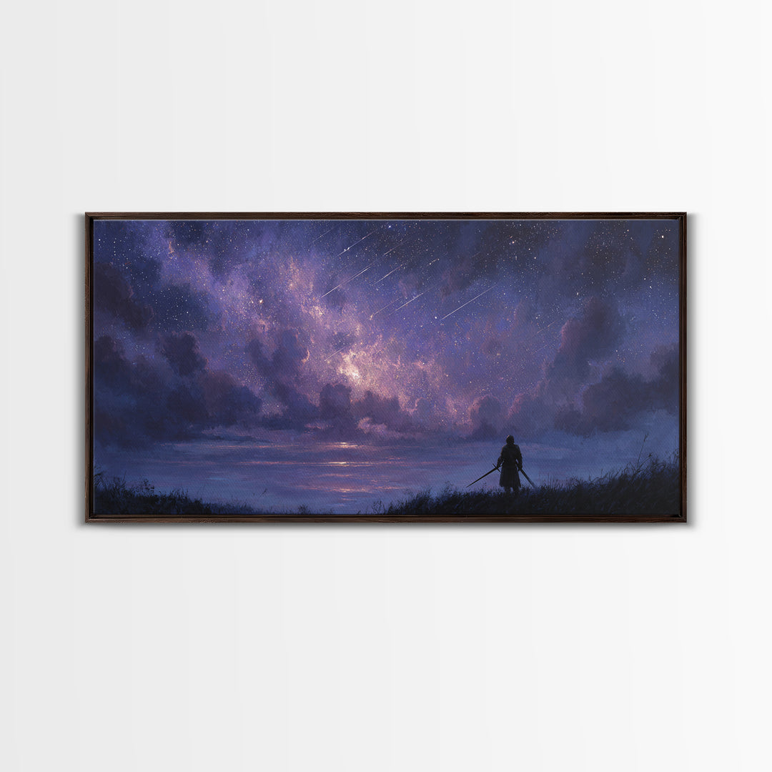 Lone Warrior Beneath Meteor Star Sky Wall Art, Fantasy Landscape Print, Celestial Decor, Gamer Room Canvas Print For Bedroom Decor