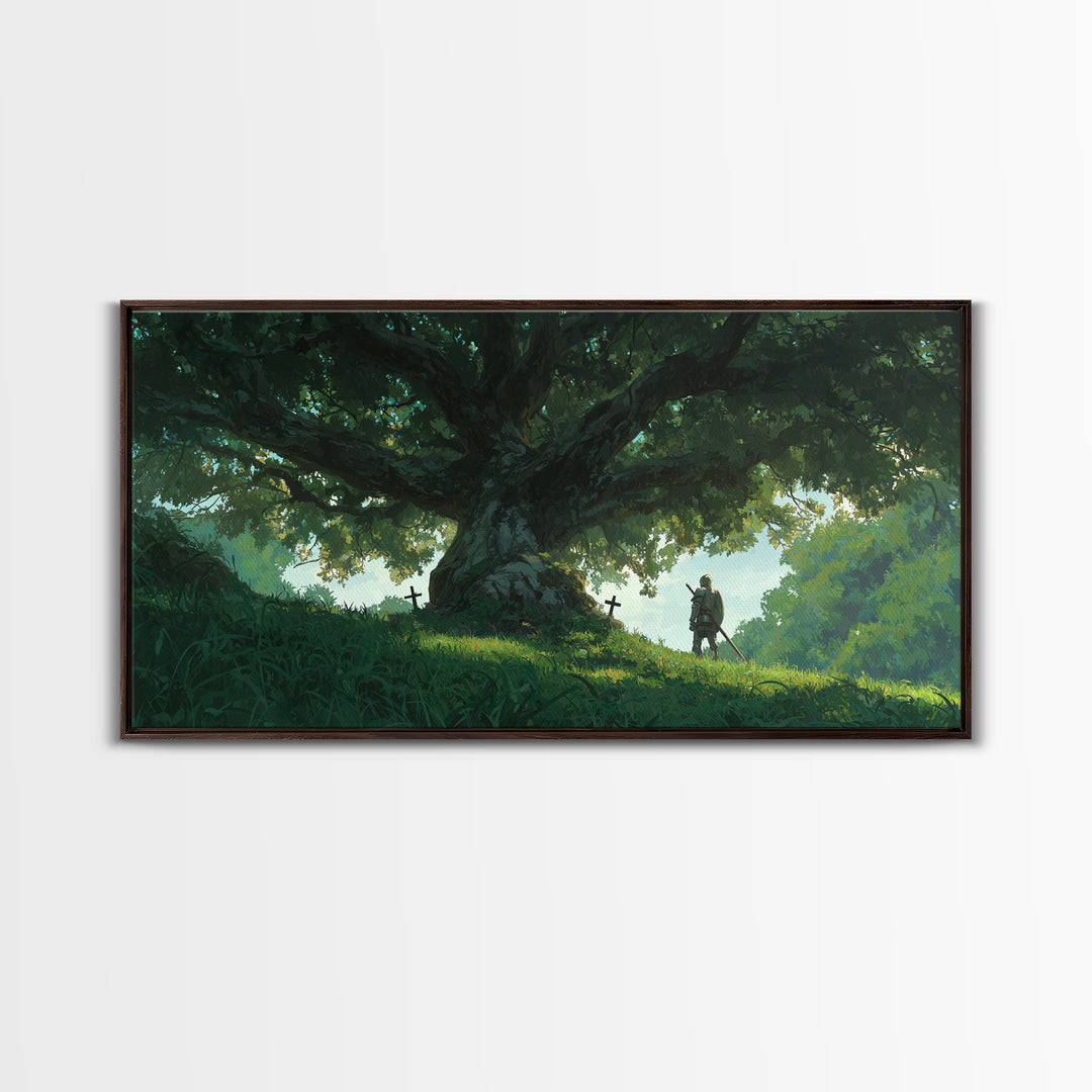 Ancient Oak With Lone Knight Wall Art, Enchanted Forest Canvas Print, Fantasy Landscape For Rustic Home Decor And Nursery Decor