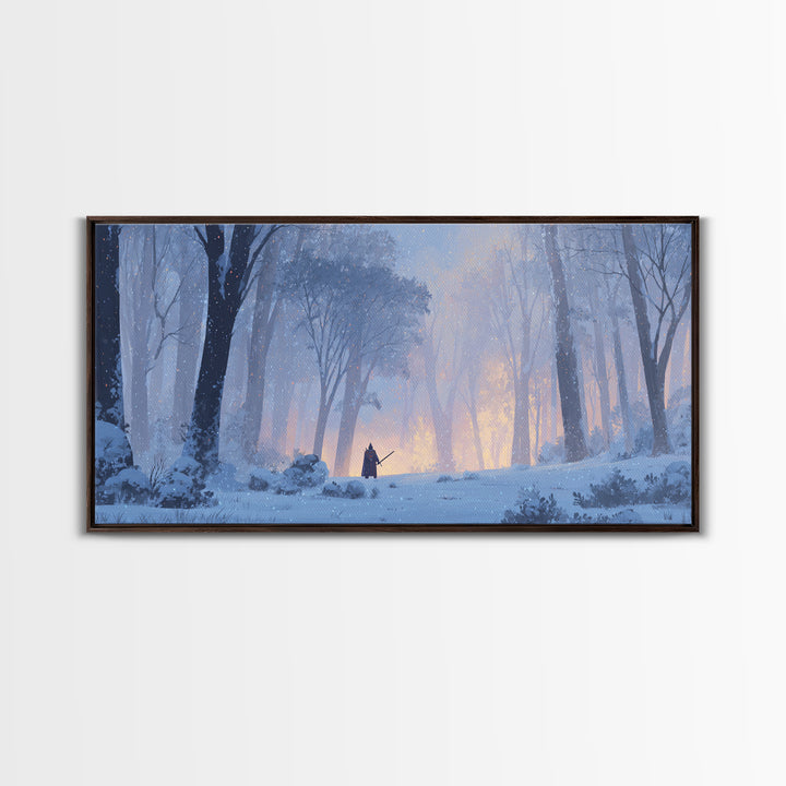 Lone Warrior In Snowy Forest Wall Art, Winter Fantasy Landscape Painting, Moody Woodland Decor, Adventure Canvas Print Gift