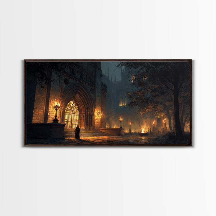 Gothic Cathedral Night Wall Art, Dark Academia Framed Canvas Print, Moody Architecture Poster, Victorian Office Decor, Gift