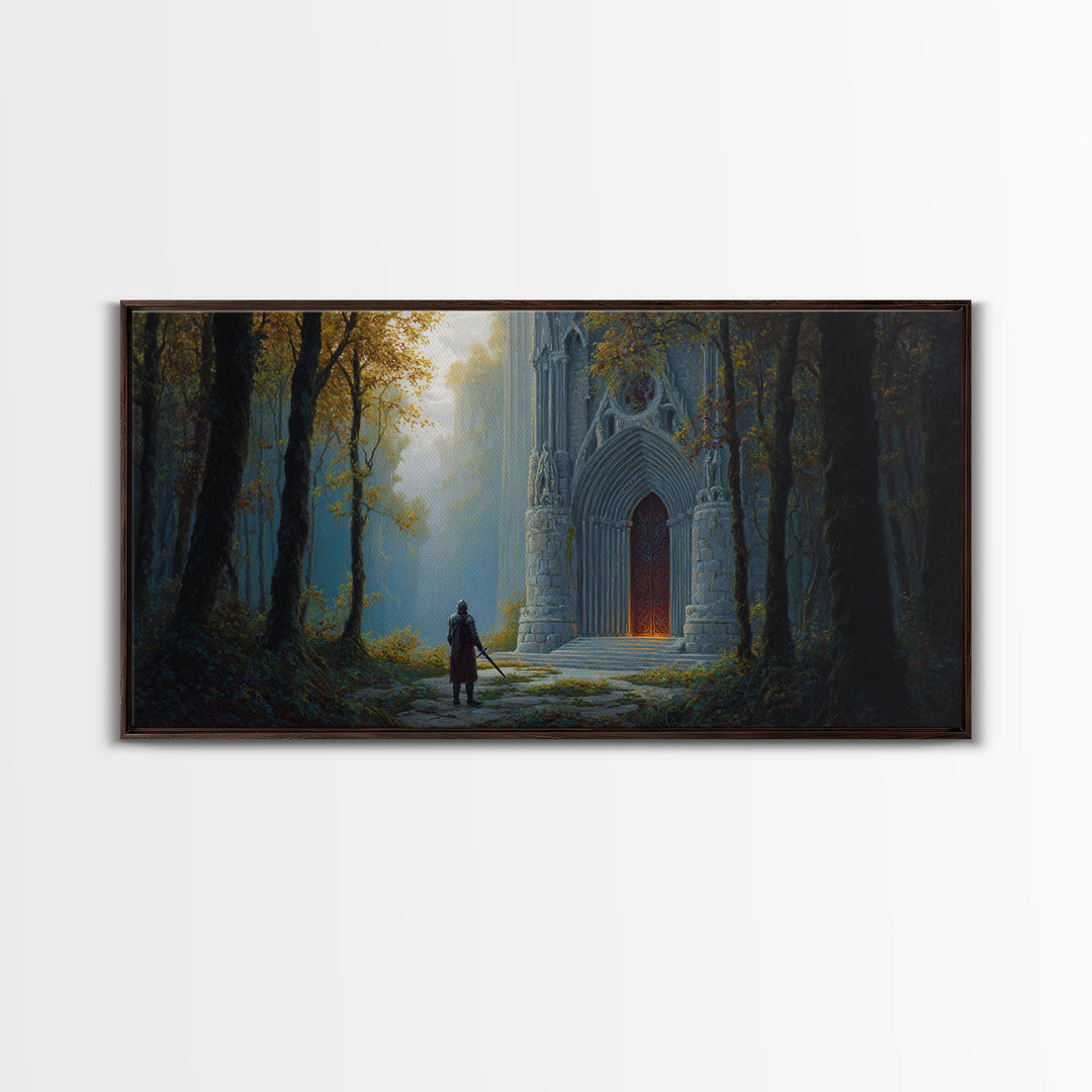Gothic Forest Cathedral Doorway With Lone Knight Wall Art, Dark Academia Decor, Fantasy Landscape, Large Canvas Print For Bedroom