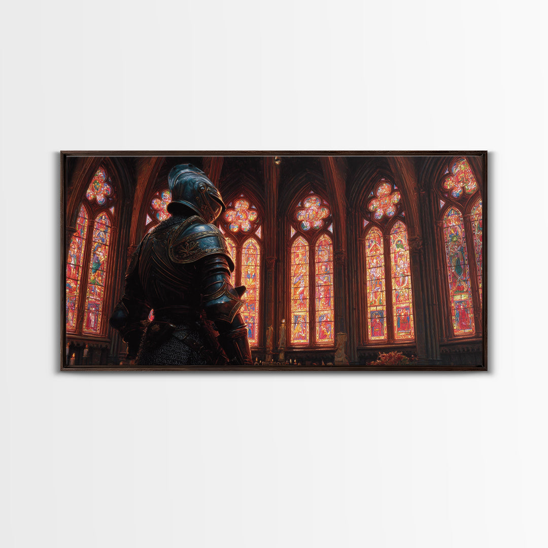 Knight In Stained Glass Cathedral Wall Art, Gothic Medieval Canvas Print, Dark Academia Decor, Fantasy Castle Painting, Church Art