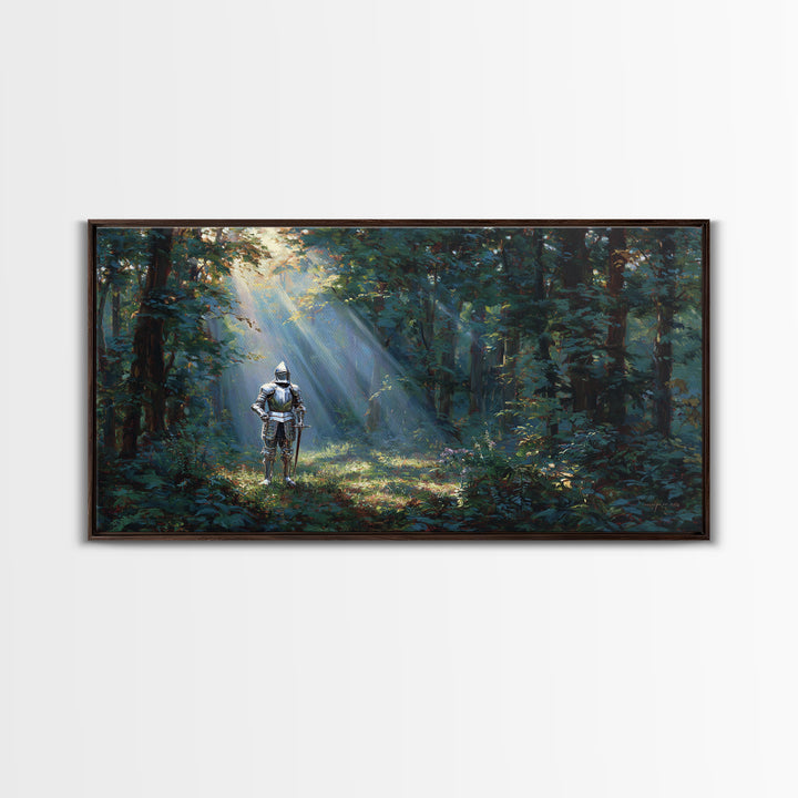 Knight In Sunlit Enchanted Forest Canvas Print, Fantasy Wall Art, Medieval Landscape Art For Office Decor And Gifts For Him