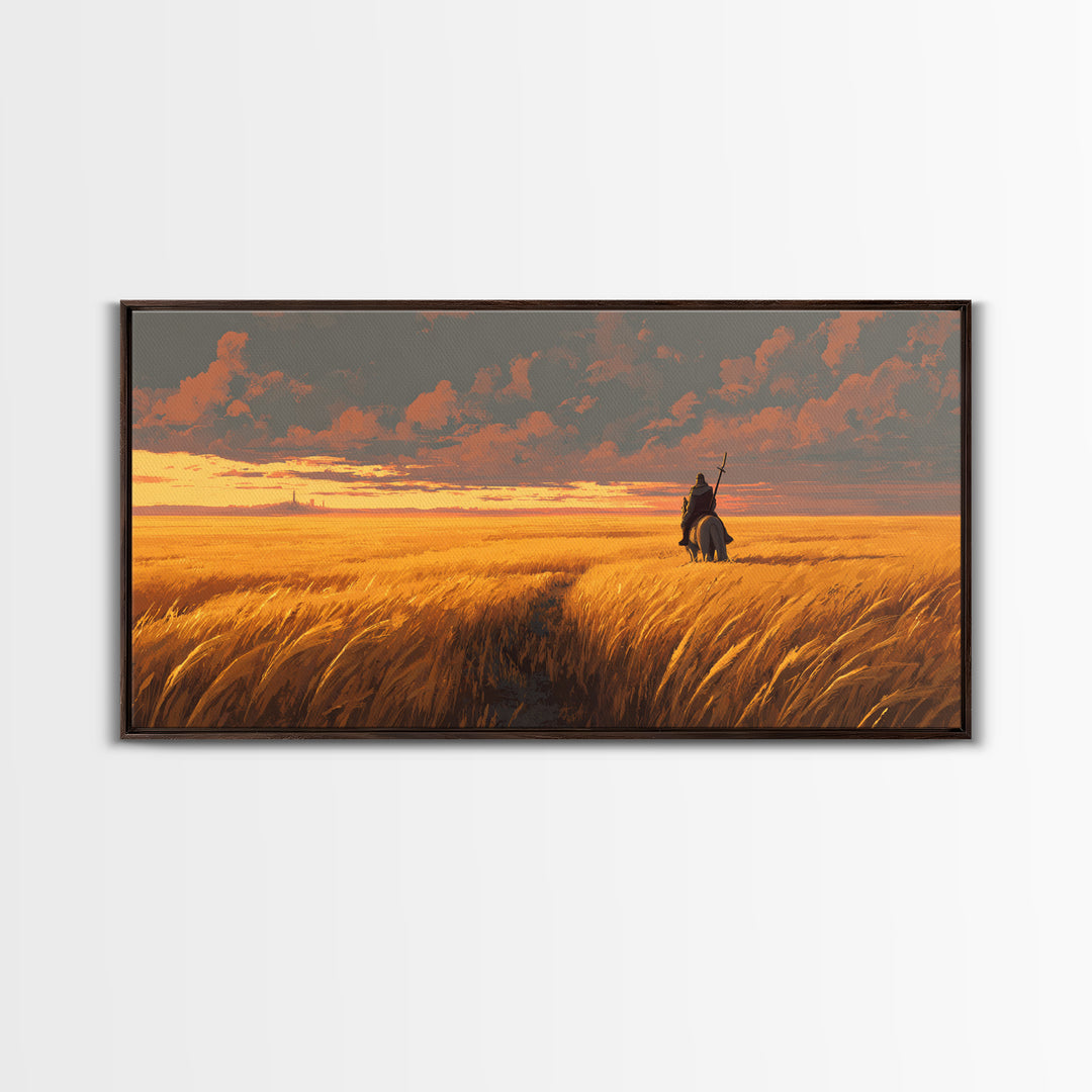 Lone Warrior In Golden Wheat Canvas Print, Sunset Fantasy Landscape Art, Western Rider Decor, Gift For Him, Rustic Home Decor