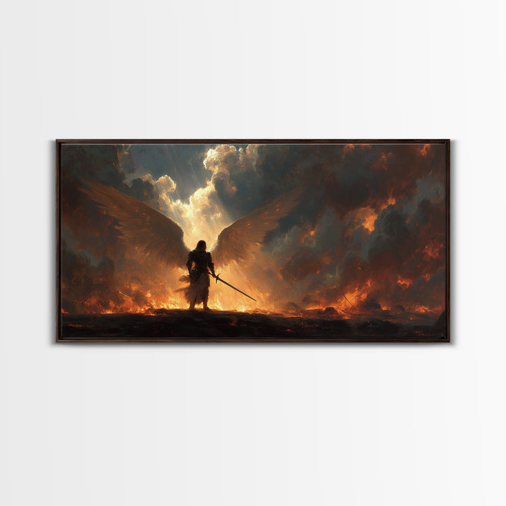 Warrior Angel With Flaming Wings Canvas Print, Dark Fantasy Wall Art, Epic Spiritual Decor, Gothic Battle Gift Idea For Him
