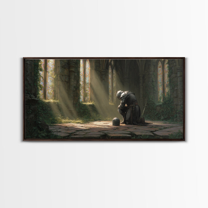 Knight In Sunlit Gothic Ruins Framed Canvas Print, Medieval Fantasy Wall Art, Dark Academia Decor, Large Living Room Art