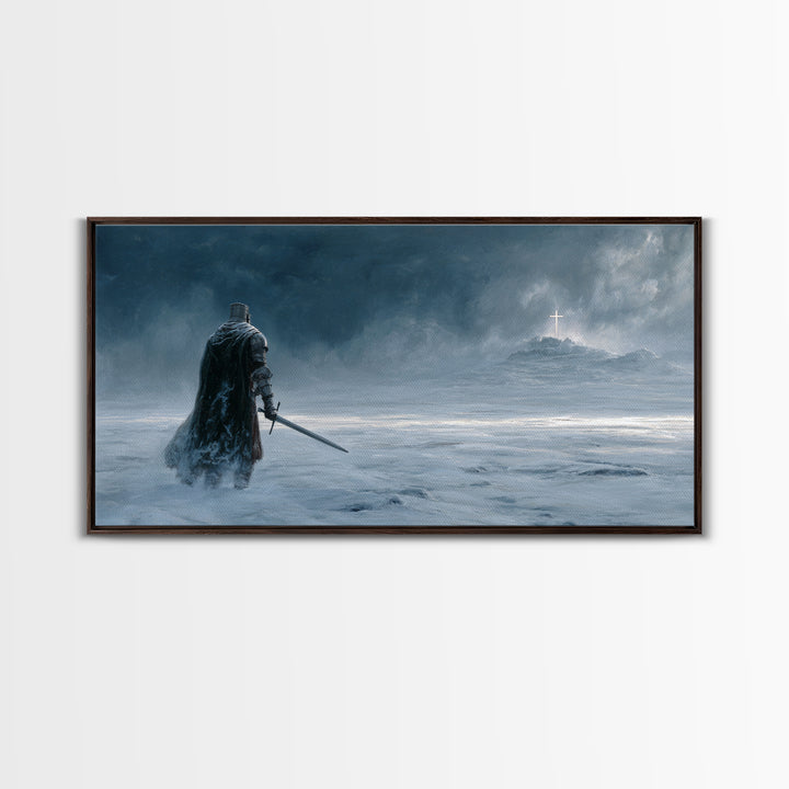 Dark Knight Crossing Icy Wasteland Wall Art, Fantasy Landscape Canvas Print, Gothic Home Decor, Moody Office Decor Gift For Him