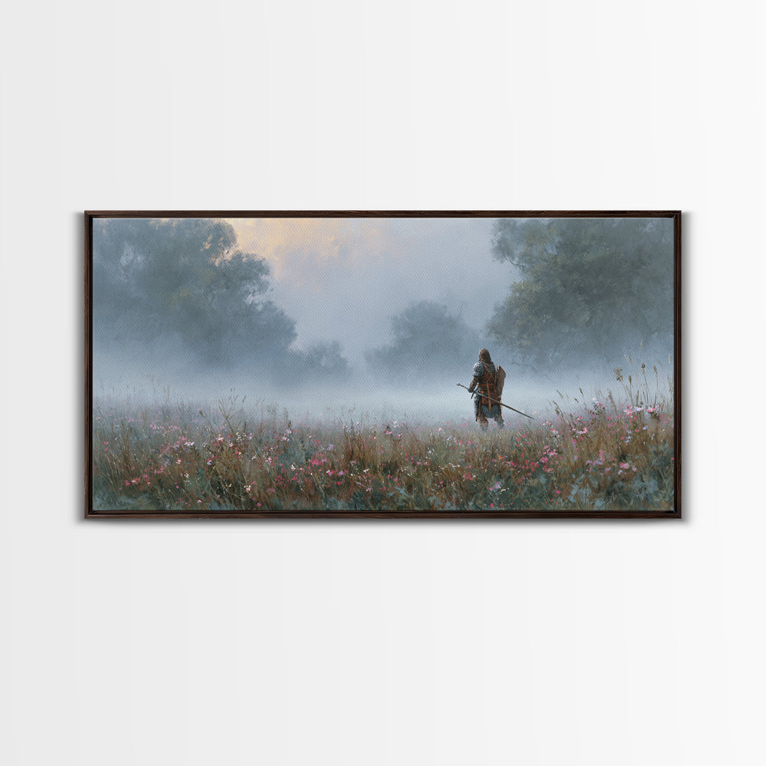Misty Warrior In Wildflower Meadow Wall Art, Fantasy Landscape Canvas, Moody Nature Print, Large Living Room Decor Gift For Her