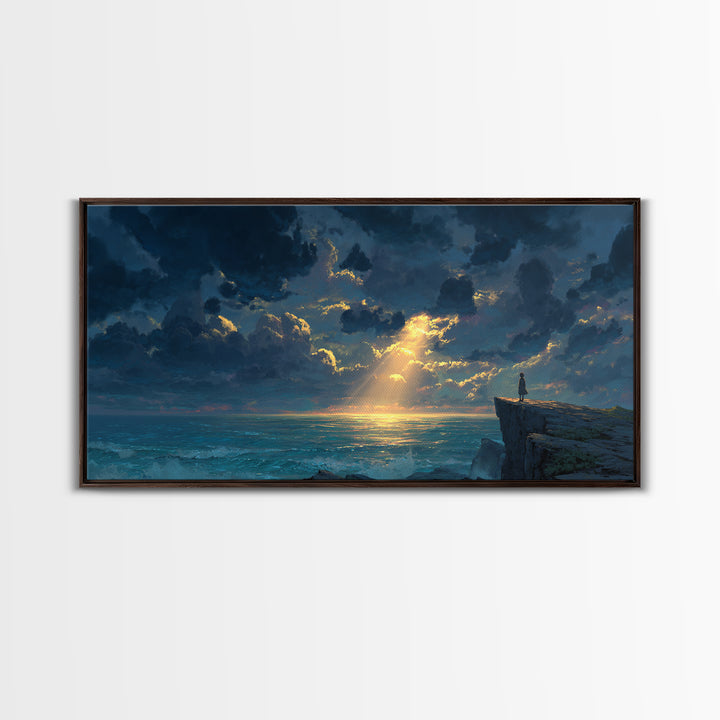 Lone Figure On Ocean Cliff Canvas Print, Dramatic Seascape Landscape Art, Coastal Wall Decor For Peaceful Living Room Home