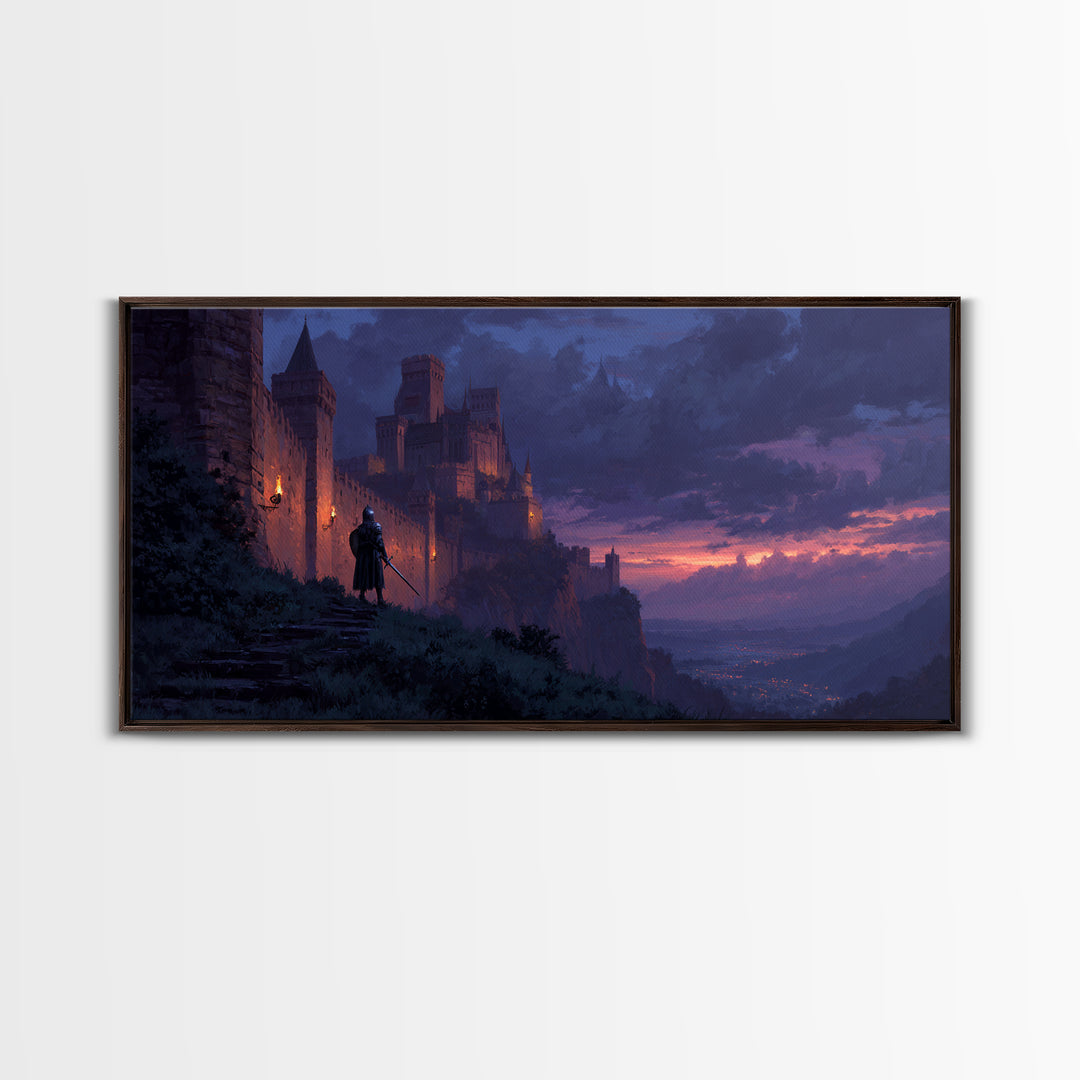 Twilight Castle Knight Fantasy Wall Art, Medieval Landscape Canvas, Gothic Home Decor, Fantasy Art Print, Gift For Him, Office Decor