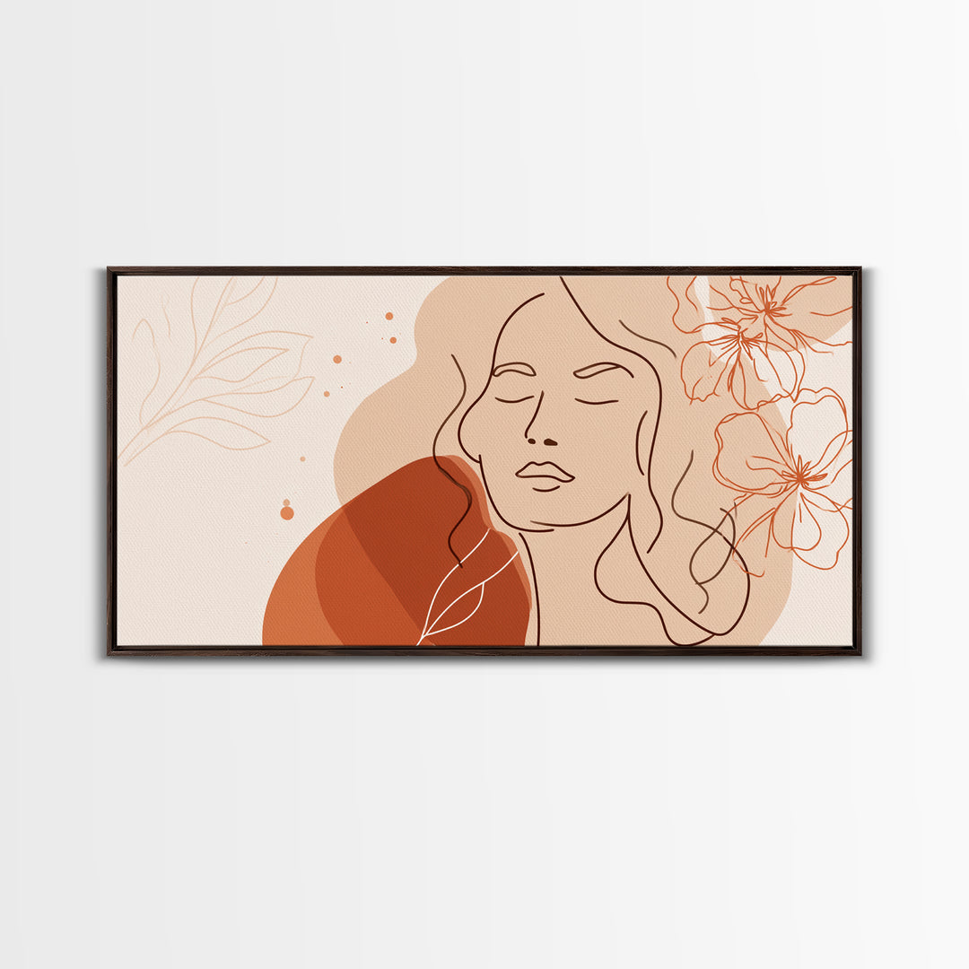 Terracotta Woman Line Art Canvas Print, Floral Feminine Wall Art, Boho Bedroom Decor, Abstract Portrait Gift For Her, Modern Home Decor