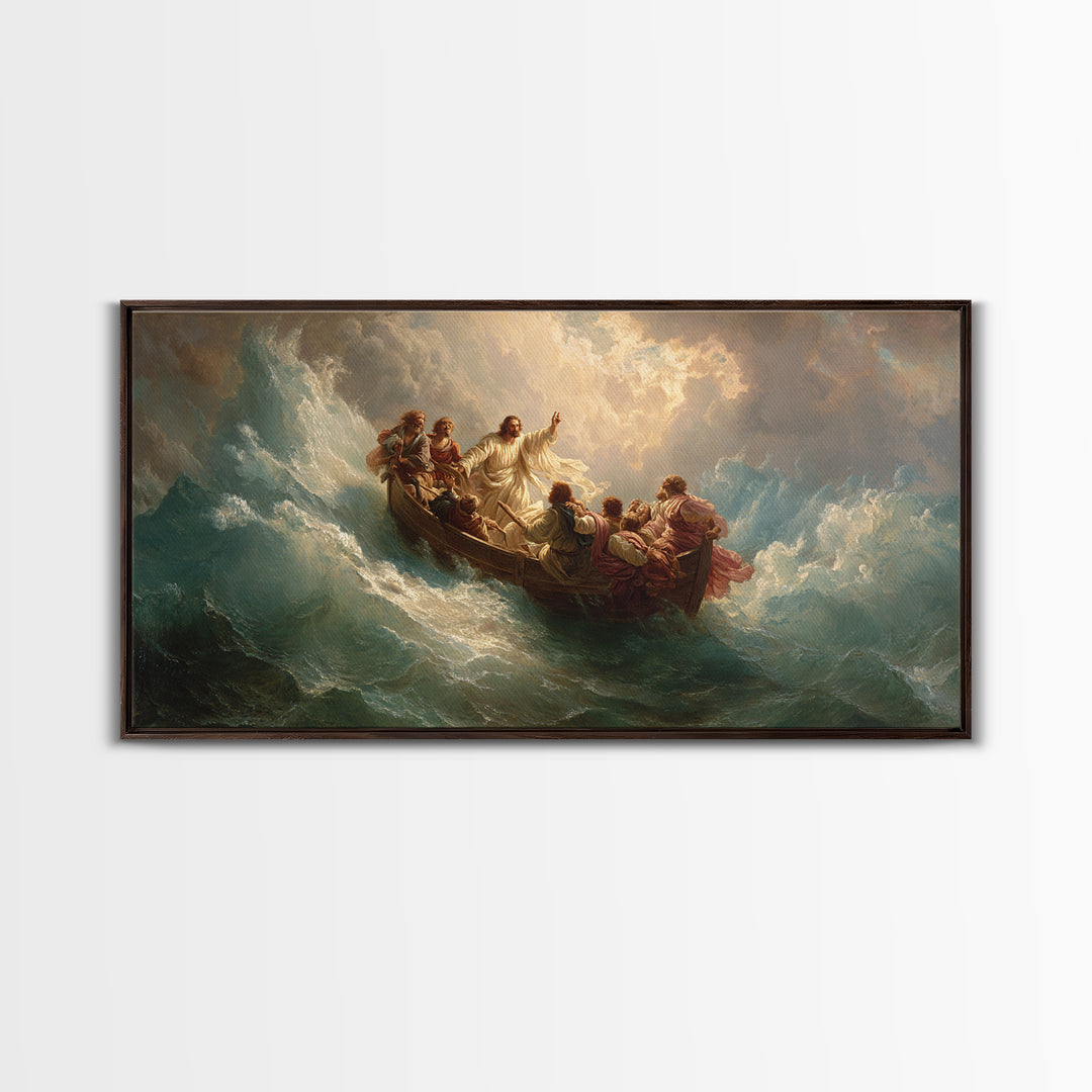 Jesus Calming The Storm At Sea Wall Art, Christian Boat Painting, Biblical Ocean Canvas, Religious Home Decor Gift, Church Decor
