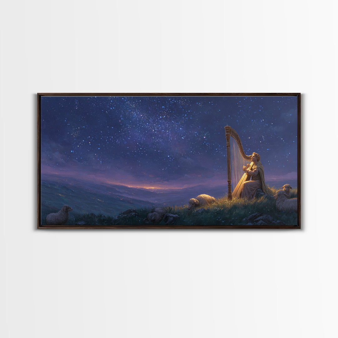 Shepherd Playing Harp Under Stars Wall Art, Biblical Canvas Print, Peaceful Night Landscape Decor For Bedroom And Nursery