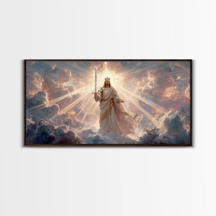 Radiant Heavenly King Canvas Print, Christian Wall Art, Divine Sword And Clouds, Spiritual Fine Art For Prayer Room Decor
