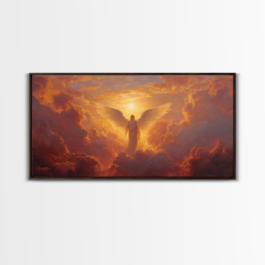 Radiant Angel In Golden Clouds Wall Art, Spiritual Christian Canvas, Celestial Painting, Inspirational Home Decor Gift For Her