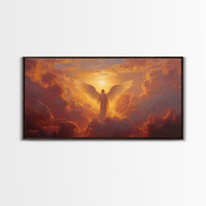 Radiant Angel In Golden Clouds Wall Art, Spiritual Christian Canvas, Celestial Painting, Inspirational Home Decor Gift For Her