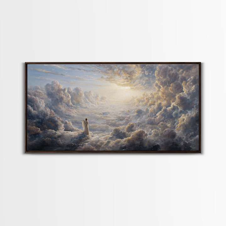 Radiant Angel In Heavenly Clouds Canvas Print, Christian Wall Art, Spiritual Home Decor, Peaceful Large Landscape Art Gift