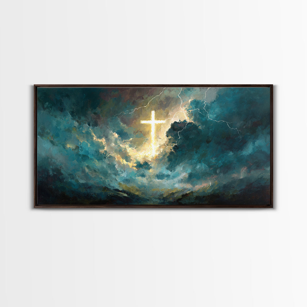 Glowing Cross In Storm Clouds Wall Art, Christian Canvas Print, Spiritual Decor, Modern Religious Living Room Wall Decor