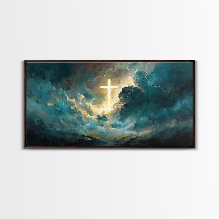 Glowing Cross In Storm Clouds Wall Art, Christian Canvas Print, Spiritual Decor, Modern Religious Living Room Wall Decor