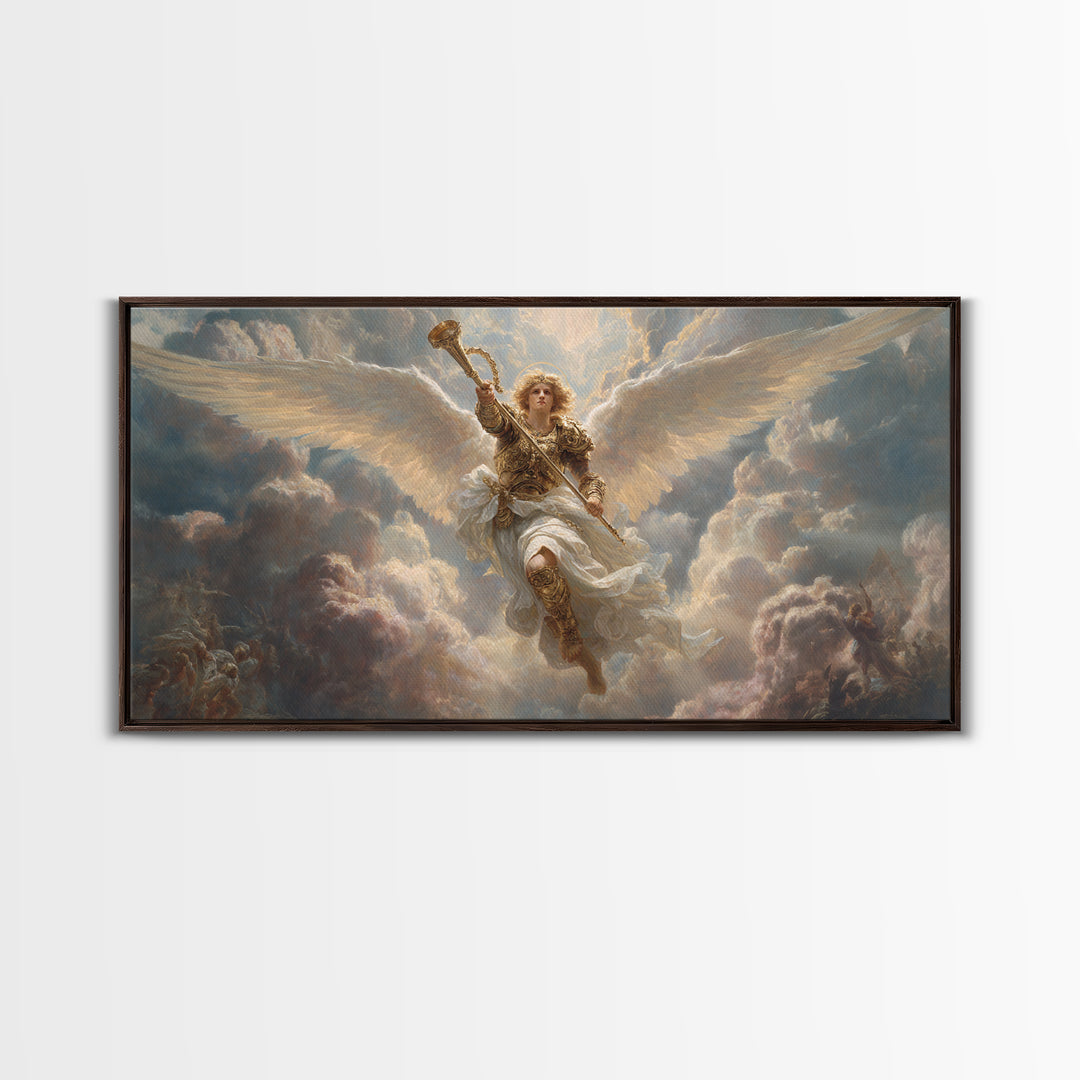 Archangel Trumpet In Stormy Clouds Canvas Print, Christian Wall Art, Religious Fine Art Print For Prayer Room Decor Gift