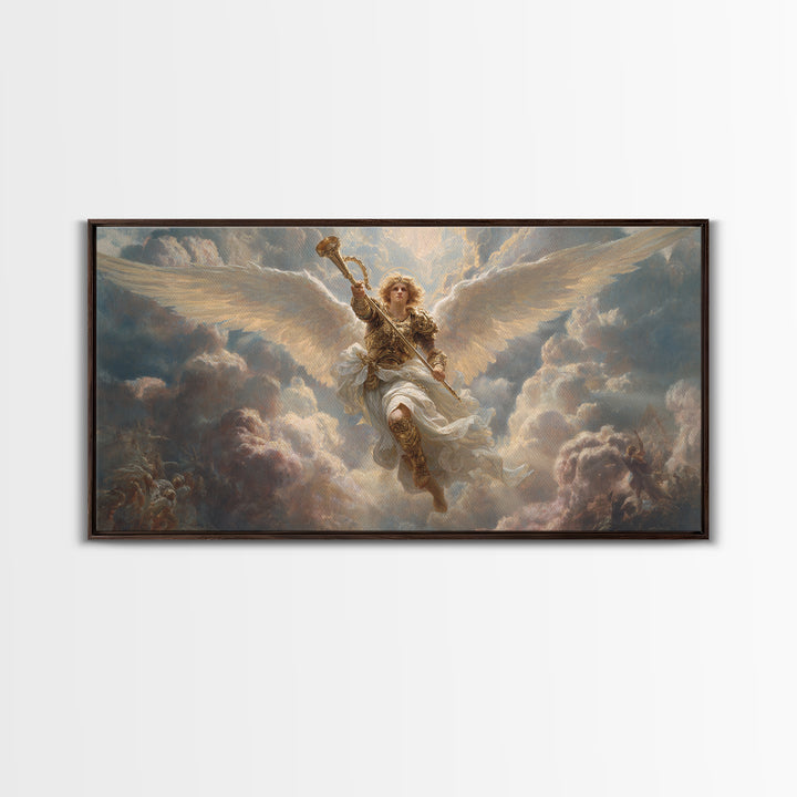 Archangel Trumpet In Stormy Clouds Canvas Print, Christian Wall Art, Religious Fine Art Print For Prayer Room Decor Gift