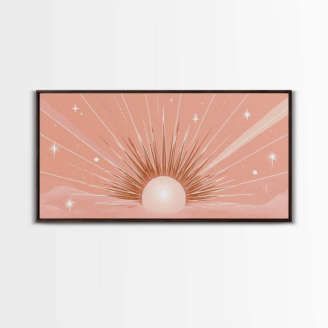 Radiant Peach Sunrise Wall Art, Celestial Sun Rays And Stars, Boho Canvas Print, Dreamy Nursery Decor, Calming Above Bed Art