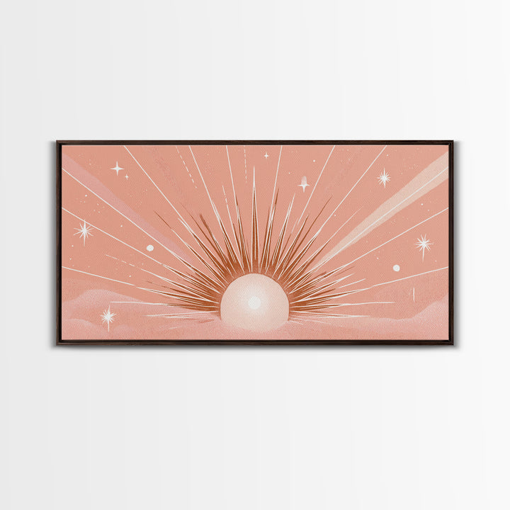 Radiant Peach Sunrise Wall Art, Celestial Sun Rays And Stars, Boho Canvas Print, Dreamy Nursery Decor, Calming Above Bed Art