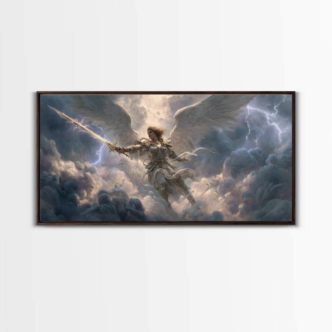 Warrior Angel With Sword Framed Canvas Print, Fantasy Wall Art, Christian Artwork, Storm Clouds, Gift For Him Or Her, Fine Art Print