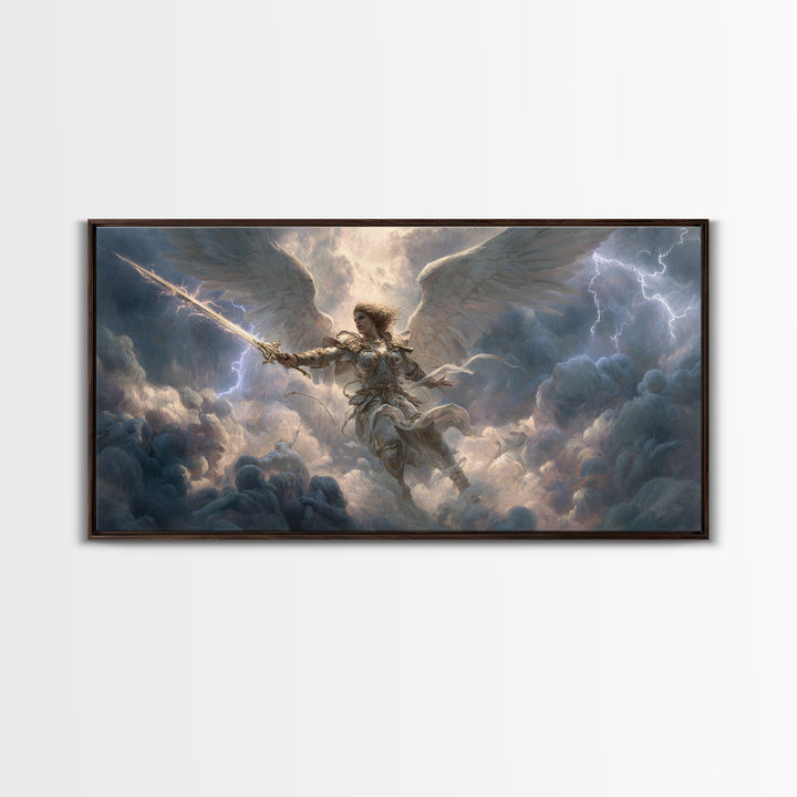 Warrior Angel With Sword Framed Canvas Print, Fantasy Wall Art, Christian Artwork, Storm Clouds, Gift For Him Or Her, Fine Art Print