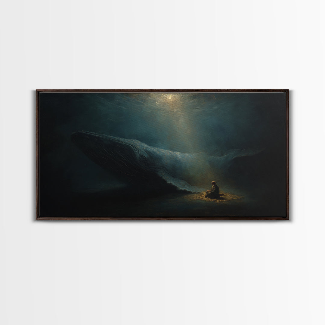 Mystic Whale And Tiny Kayaker Wall Art, Surreal Ocean Canvas Print, Moody Sea Life Decor For Bedroom Or Office Wall Decor