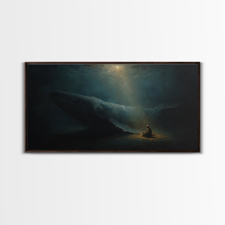 Mystic Whale And Tiny Kayaker Wall Art, Surreal Ocean Canvas Print, Moody Sea Life Decor For Bedroom Or Office Wall Decor