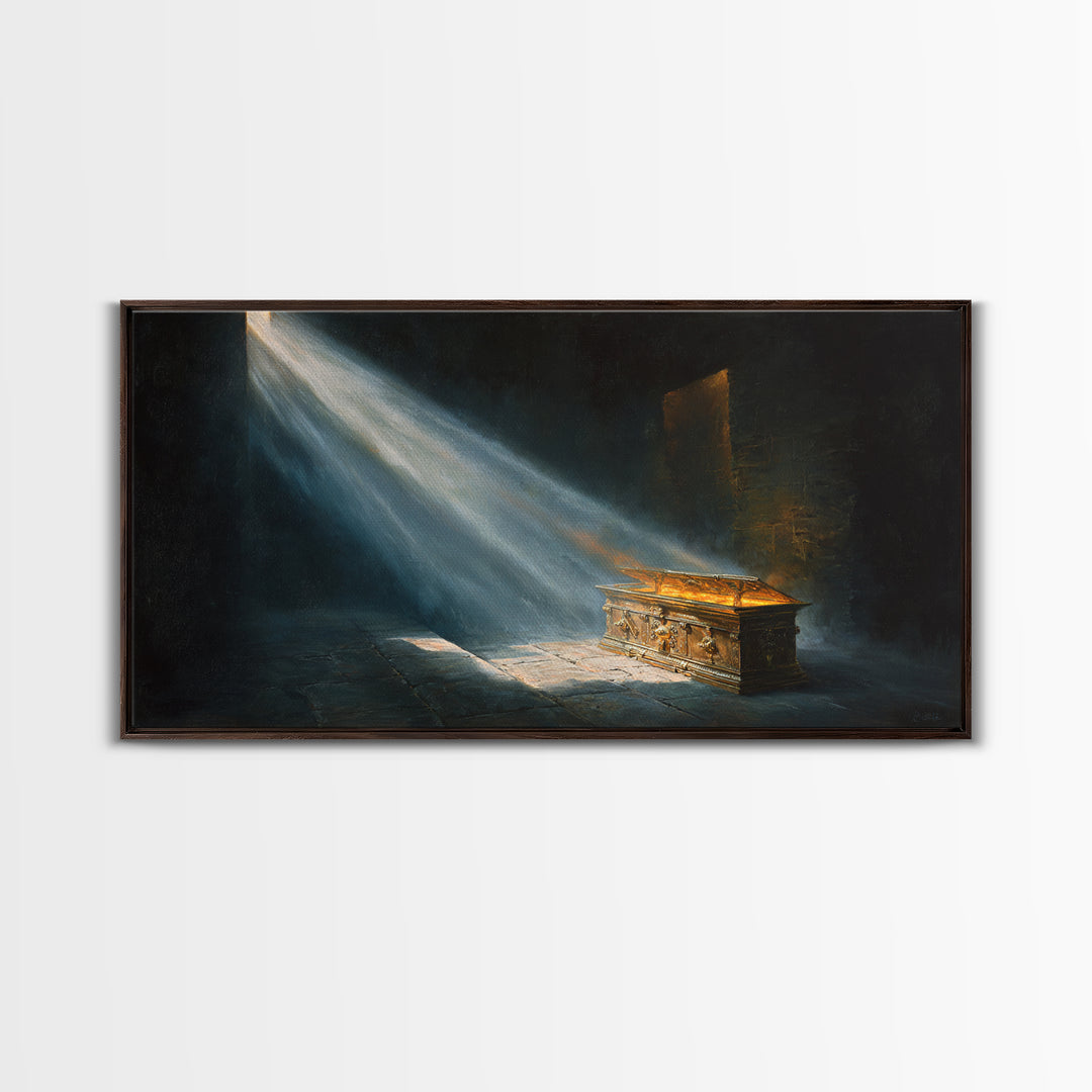 Golden Ark In Sacred Shadow Framed Canvas Print, Biblical Wall Art, Dark Academia Decor, Spiritual Housewarming Gift For Her