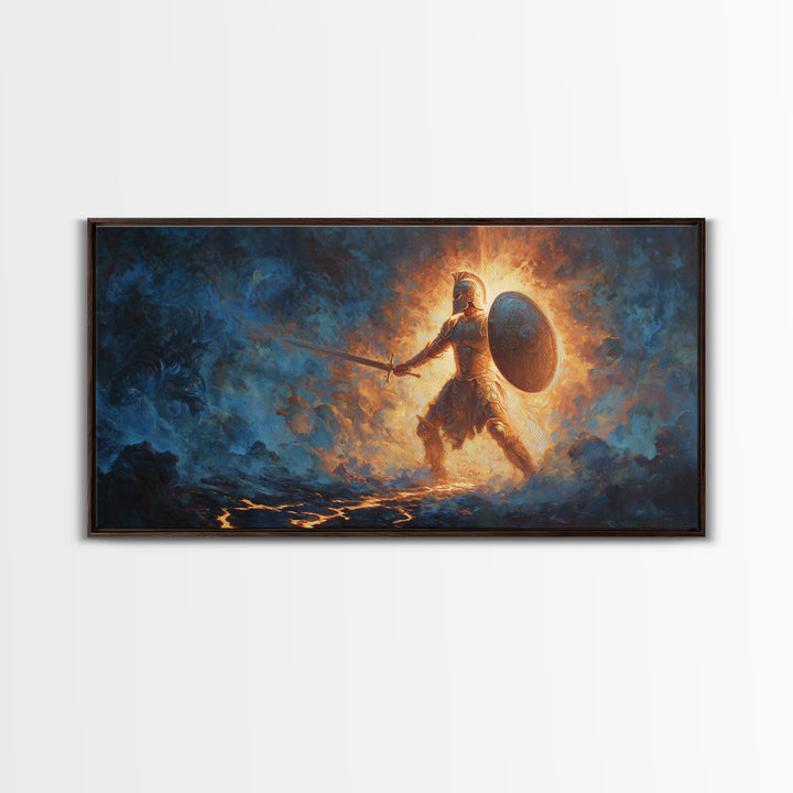 Ancient Shield Maiden In Fiery Blue Mist Canvas Print, Fantasy Warrior Wall Art, Mythological Decor, Gift For Him Or Her