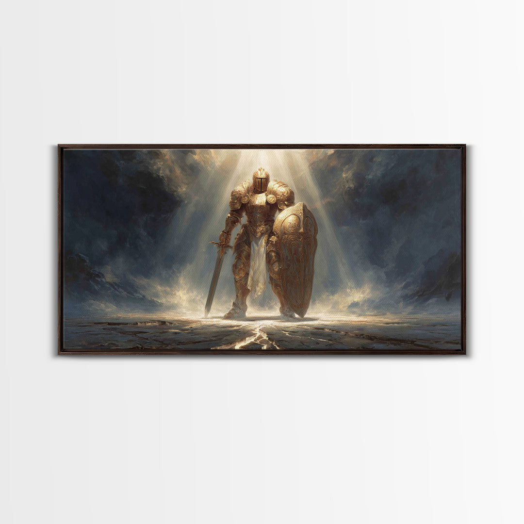 Golden Knight In Storm Light Framed Canvas Print, Epic Fantasy Warrior Large Wall Decor, Medieval Armor Art, Gift For Him