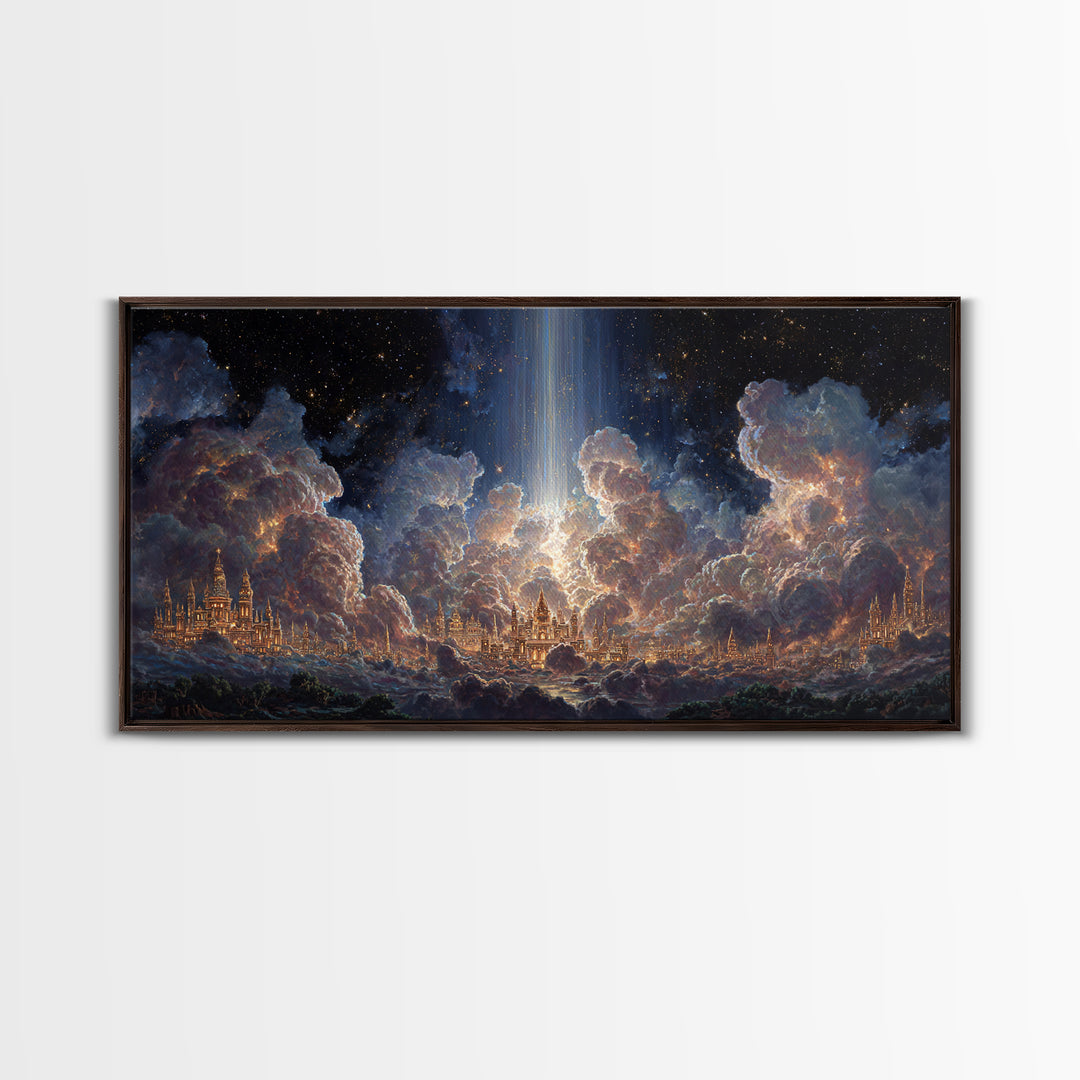 Heavenly Cloud City With Star Beam Canvas Print, Celestial Fantasy Art, Large Wall Decor, Spiritual Home Decor Gift For Her