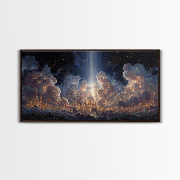 Heavenly Cloud City With Star Beam Canvas Print, Celestial Fantasy Art, Large Wall Decor, Spiritual Home Decor Gift For Her