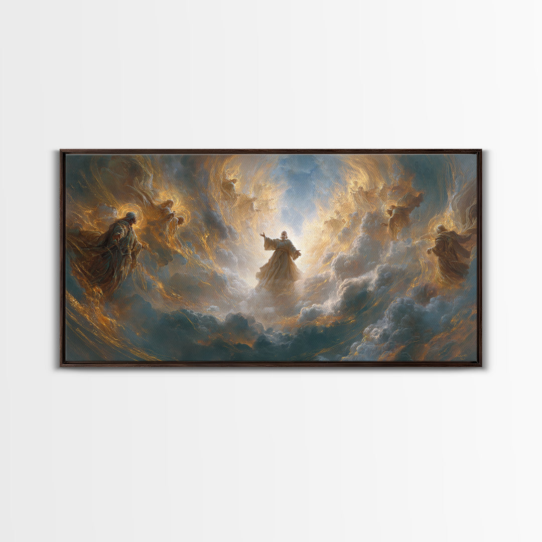Angels And Divine Figure In Luminous Clouds Framed Canvas Print, Spiritual Wall Art, Religious Decor, Christian Gift Idea