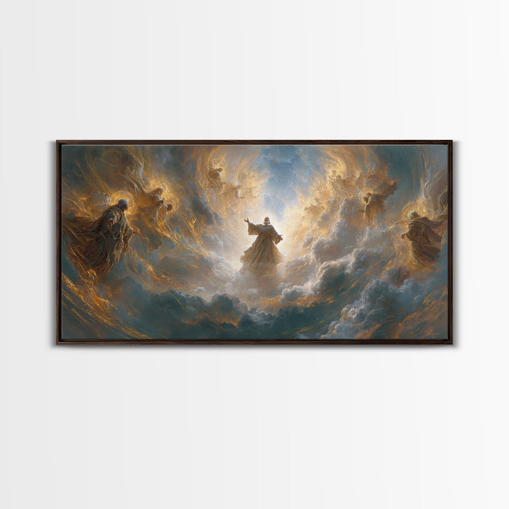 Angels And Divine Figure In Luminous Clouds Framed Canvas Print, Spiritual Wall Art, Religious Decor, Christian Gift Idea