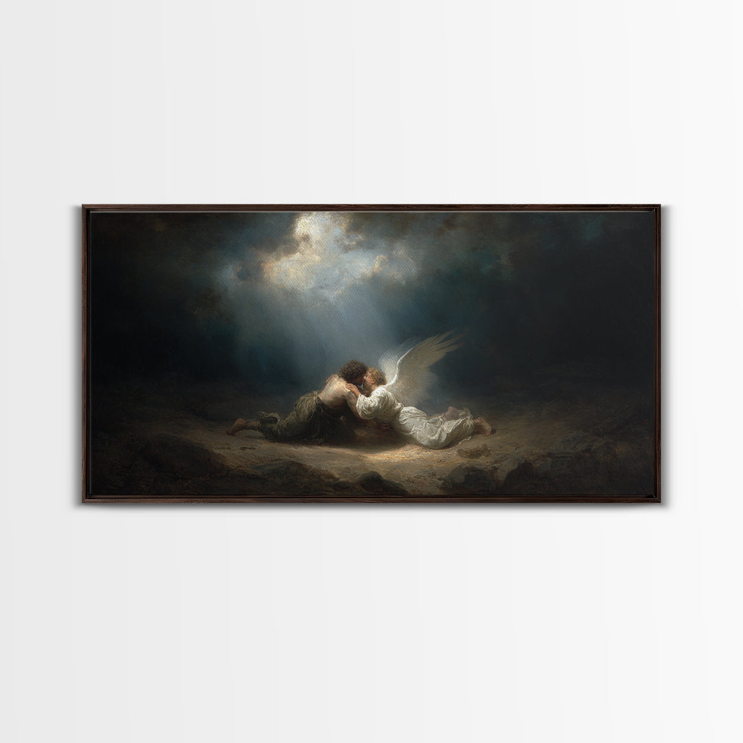 Angel Embracing Fallen Man Wall Art, Dark Baroque Canvas Print, Religious Fine Art, Spiritual Gothic Home Decor Gift For Her
