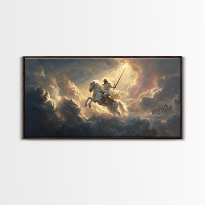 Heavenly Knight On White Horse Framed Canvas Print, Cloud Warrior Fantasy Art, Christian Wall Art, Epic Gift For Him, Living Room Decor