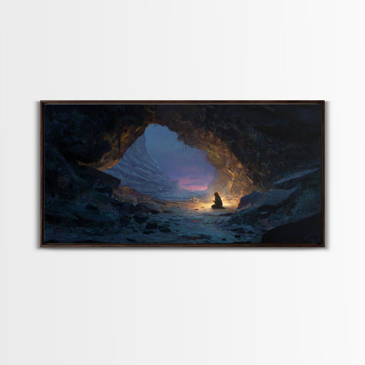 Meditating Figure In Mountain Cave Framed Canvas Print, Mystical Landscape Wall Decor, Zen Fantasy Art For Home And Office Decor