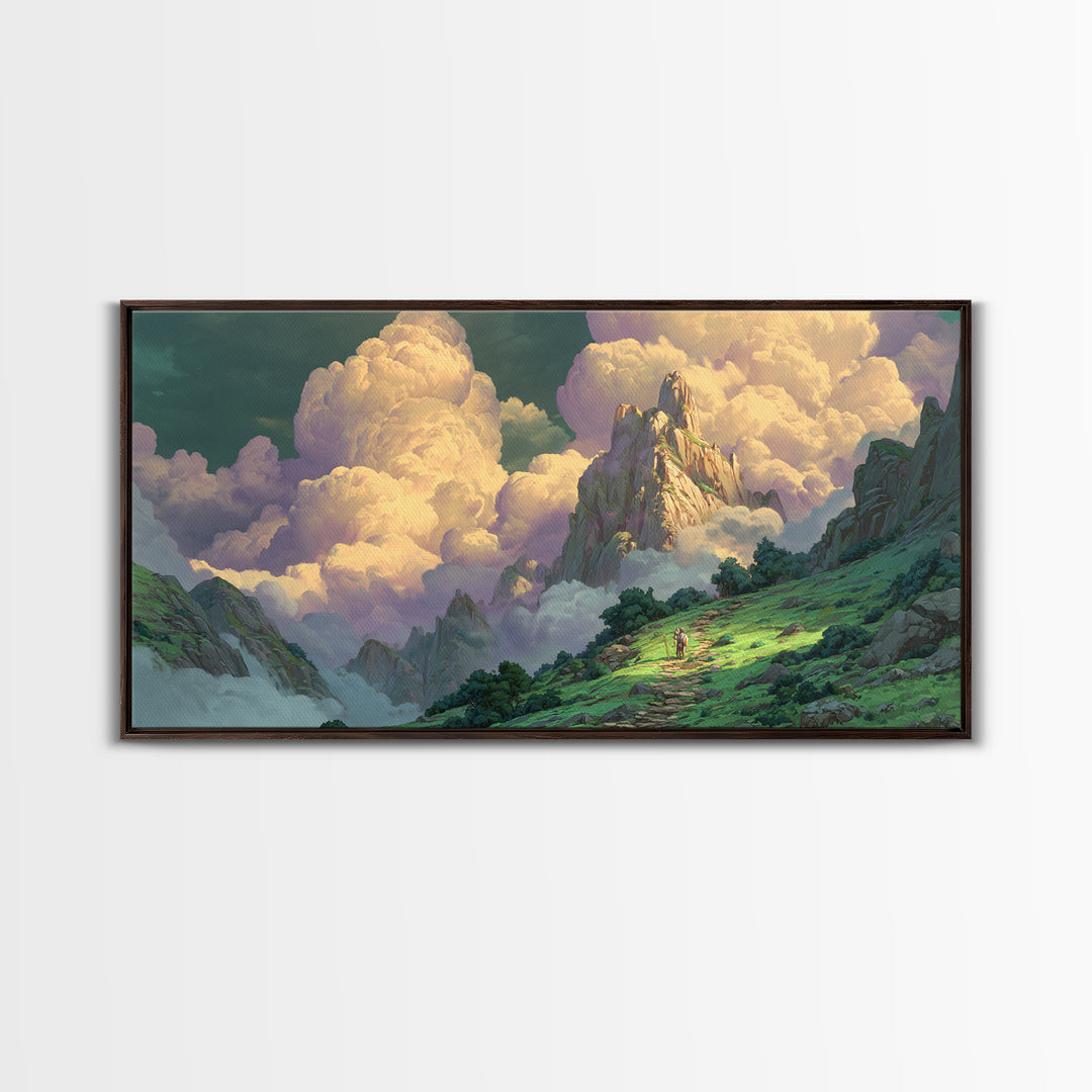 Sunlit Fantasy Mountain Kingdom Wall Art, Whimsical Cloud Landscape Canvas Print, Dreamy Nature Decor For Nursery And Bedroom