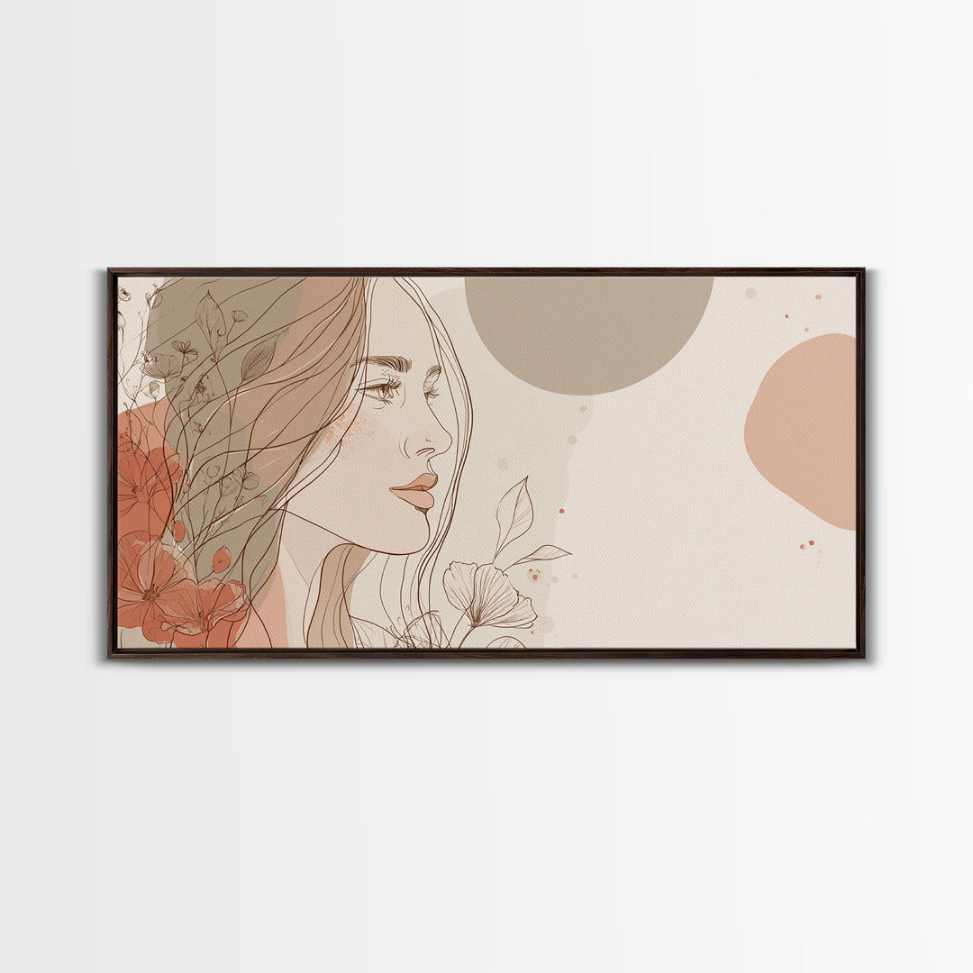 Elegant Woman Profile Wall Art, Floral Line Drawing, Feminine Canvas Print, Neutral Boho Bedroom Decor, Gift For Her, Modern Home Decor