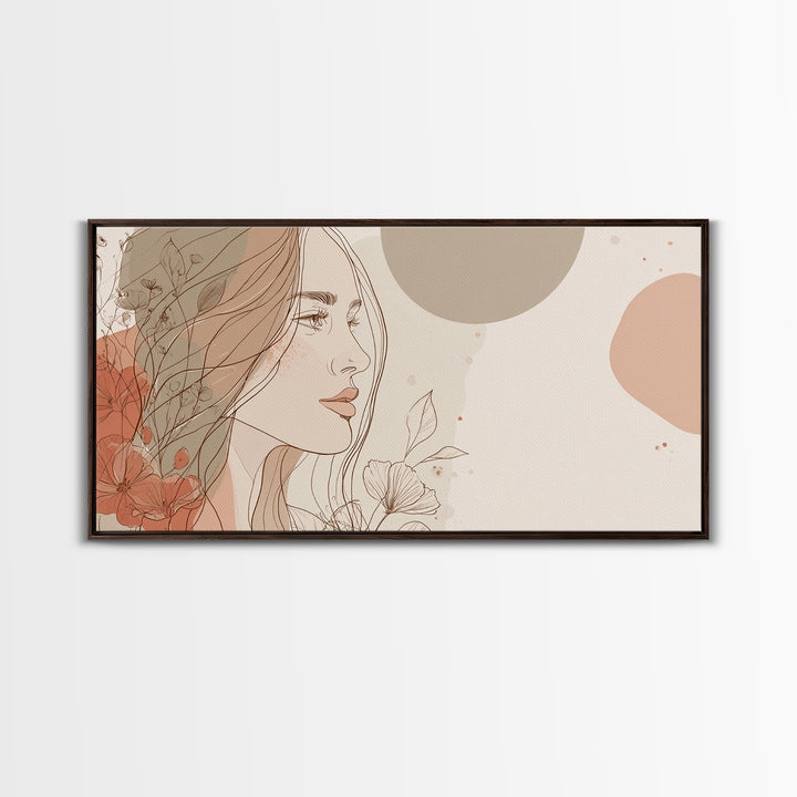 Elegant Woman Profile Wall Art, Floral Line Drawing, Feminine Canvas Print, Neutral Boho Bedroom Decor, Gift For Her, Modern Home Decor