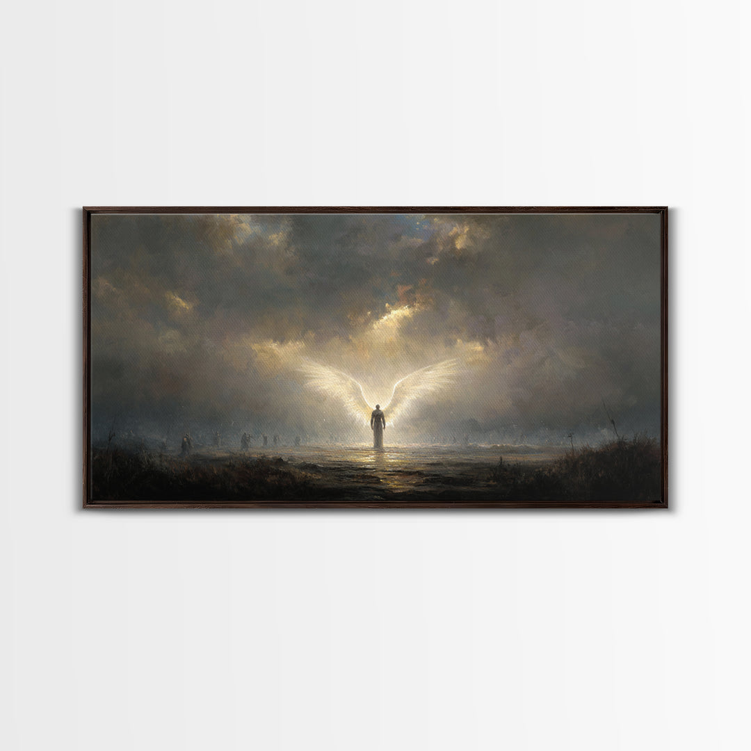 Radiant Angel In Storm Wall Art, Dark Fantasy Spiritual Canvas Print, Moody Religious Decor For Prayer Room And Bedroom Decor