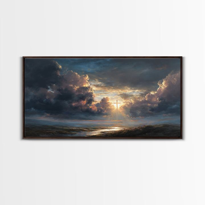 Radiant Cross In Storm Clouds Wall Art, Christian Landscape Canvas Print, Inspirational Faith Decor, Spiritual Sky Art Print