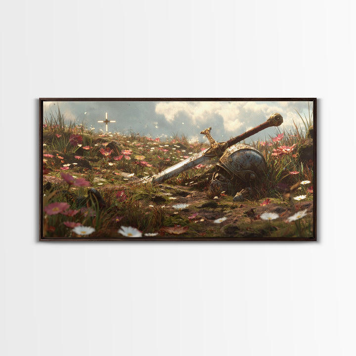Flowered Battlefield Sword And Helmet Canvas Print, Fantasy Art, Knight Wall Decor, Gothic Gift For Him, Large Wall Art Print