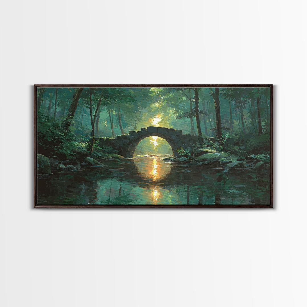 Sunlit Stone Bridge Over Forest River Canvas Print, Tranquil Landscape Wall Art, Japandi Nature Decor, Calming Home Gift