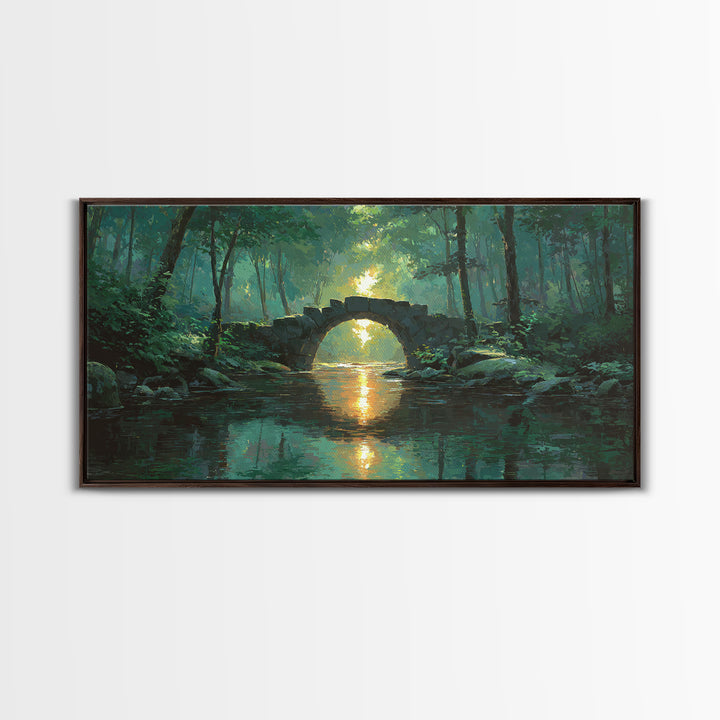 Sunlit Stone Bridge Over Forest River Canvas Print, Tranquil Landscape Wall Art, Japandi Nature Decor, Calming Home Gift