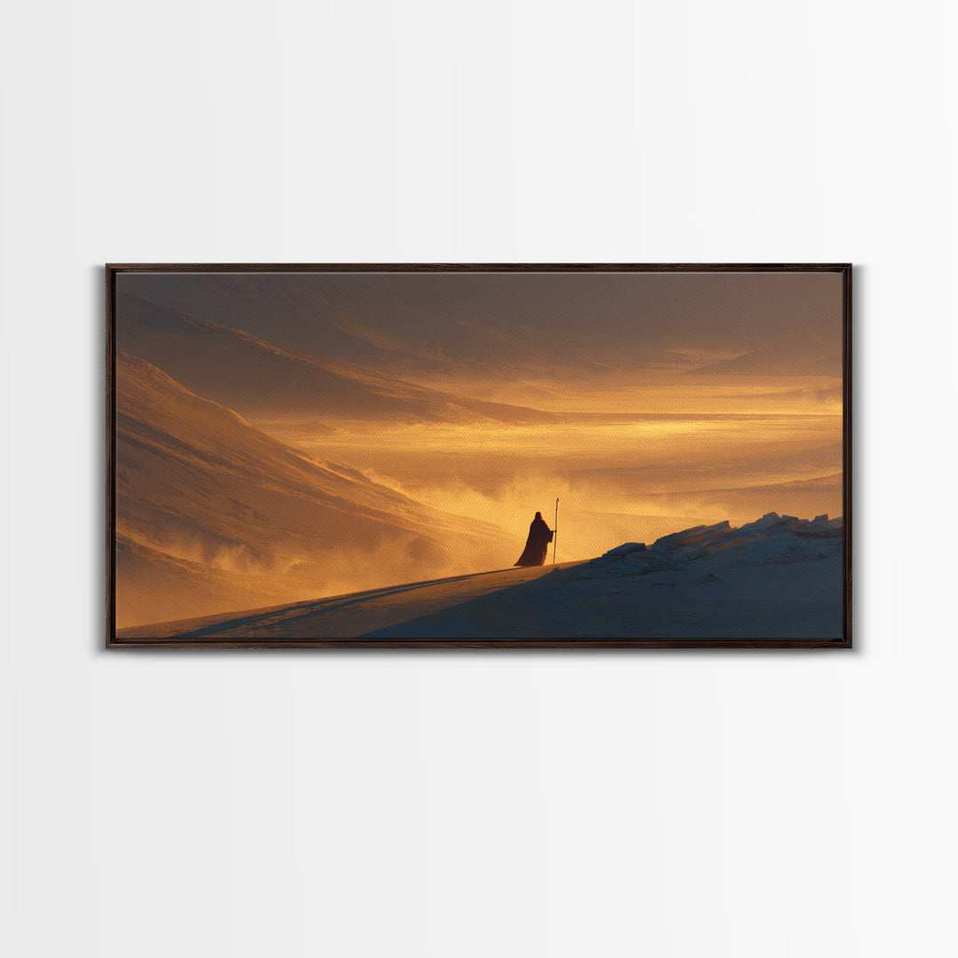 Lone Traveler In Golden Snowy Mountains Canvas Print, Epic Sunset Landscape Wall Art, Rustic Adventure Home Decor Gift For Him